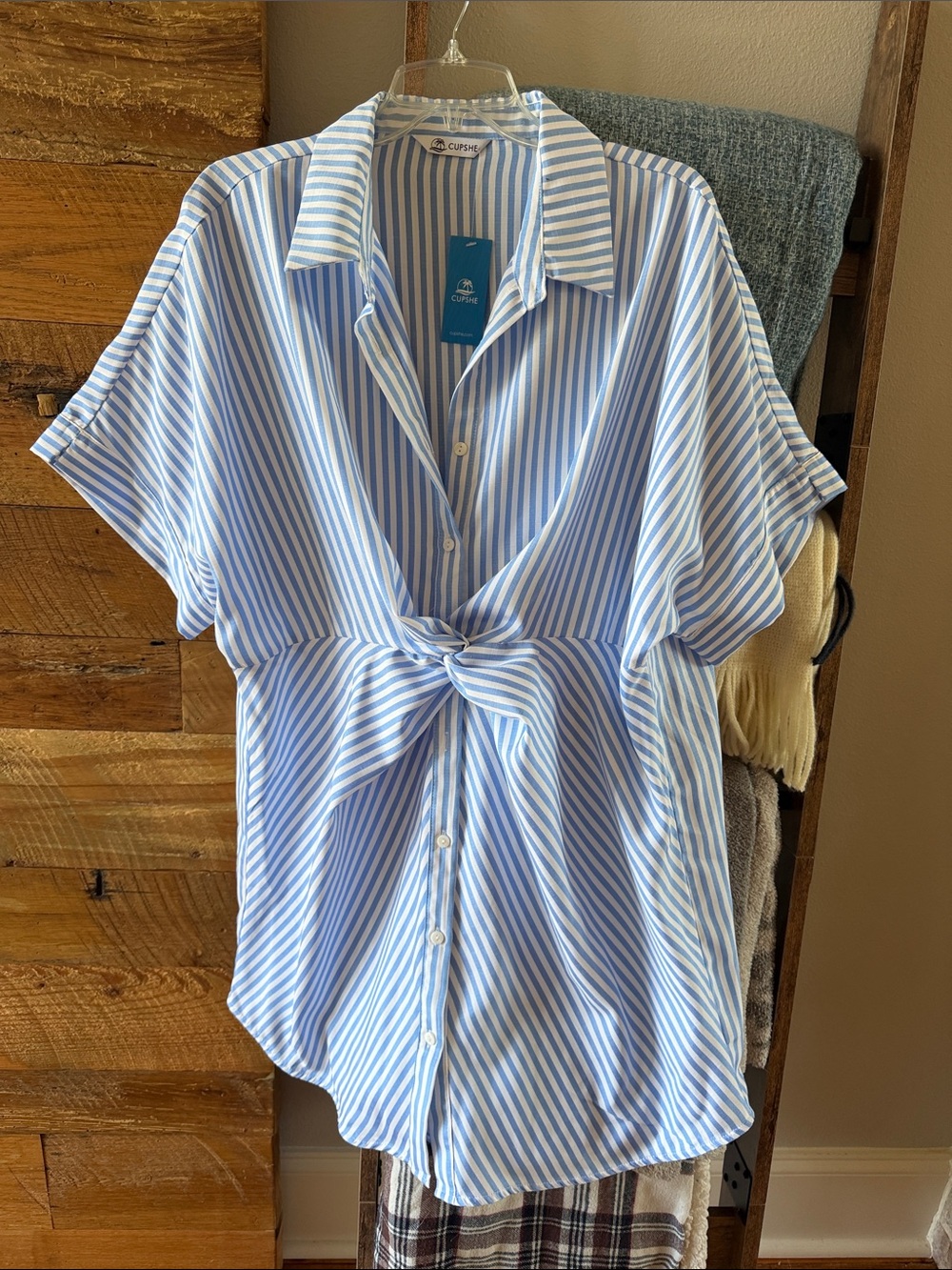 Cupshe Blue and White Striped Tie-Front Casual Button-Down Shirt